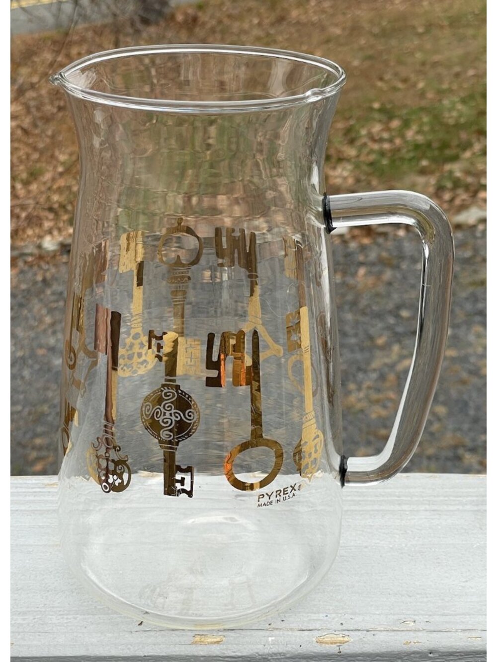Mid-Century Modern Pyrex Skeleton Key Gold Decorated Vintage Pitcher USA Glass